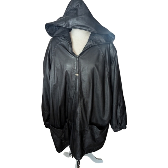 Leather Coat Vtg Venezia long black hooded leather zip front jacket  coat sz 26 - Picture 9 of 10